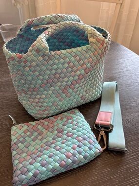 Naghedi Pastel Woven Tote in Lavender, Teal and Blush